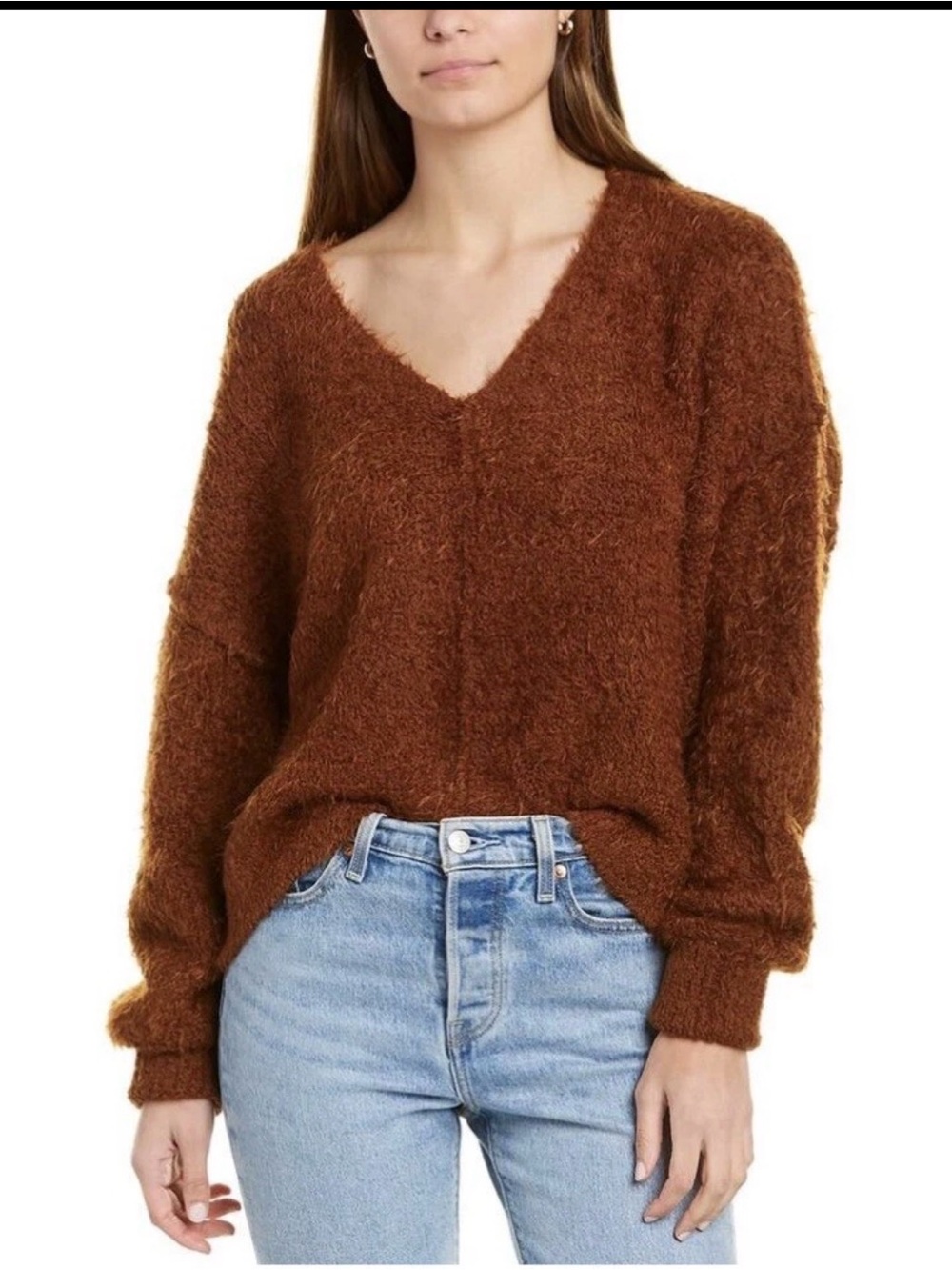 New Free People Women Rust Brown Fuzzy V-Neck Sweater Size Large